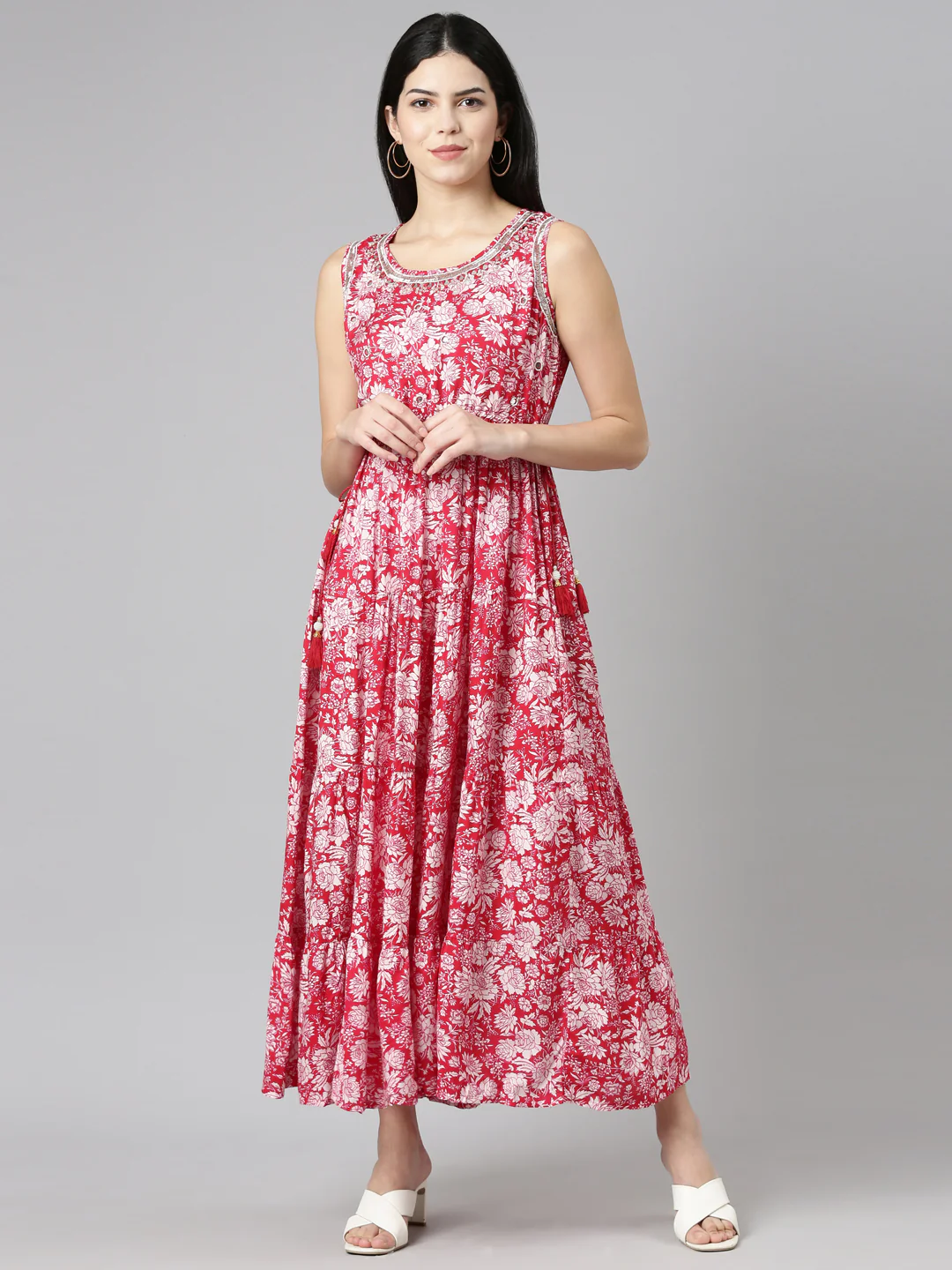 Neerus Magenta Straight Casual Printed Gown