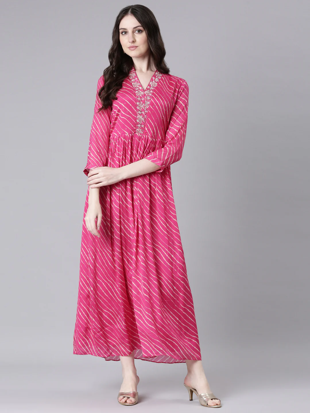 Neerus Magenta Straight Casual Striped Dresses