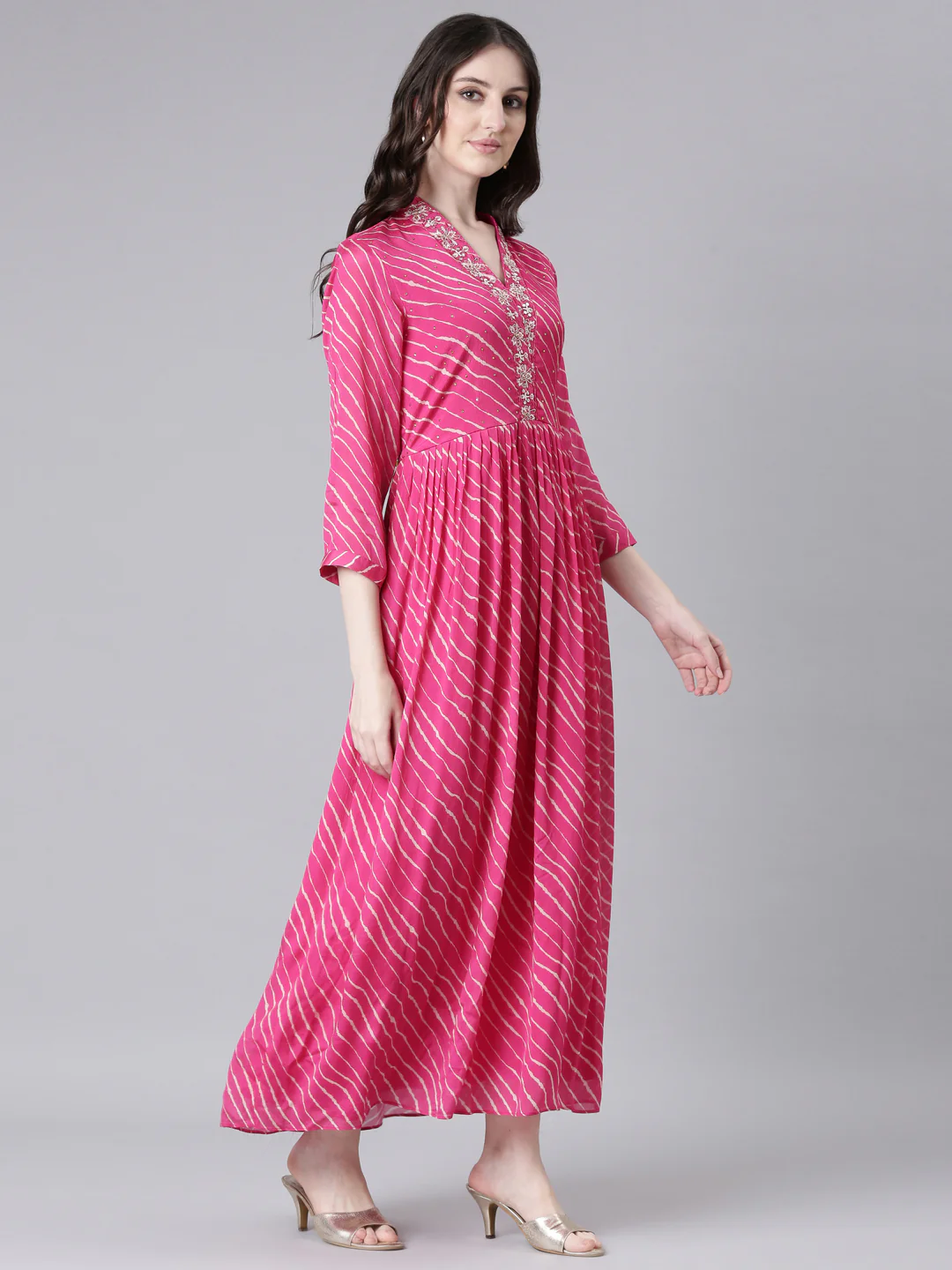Neerus Magenta Straight Casual Striped Dresses - Image 2