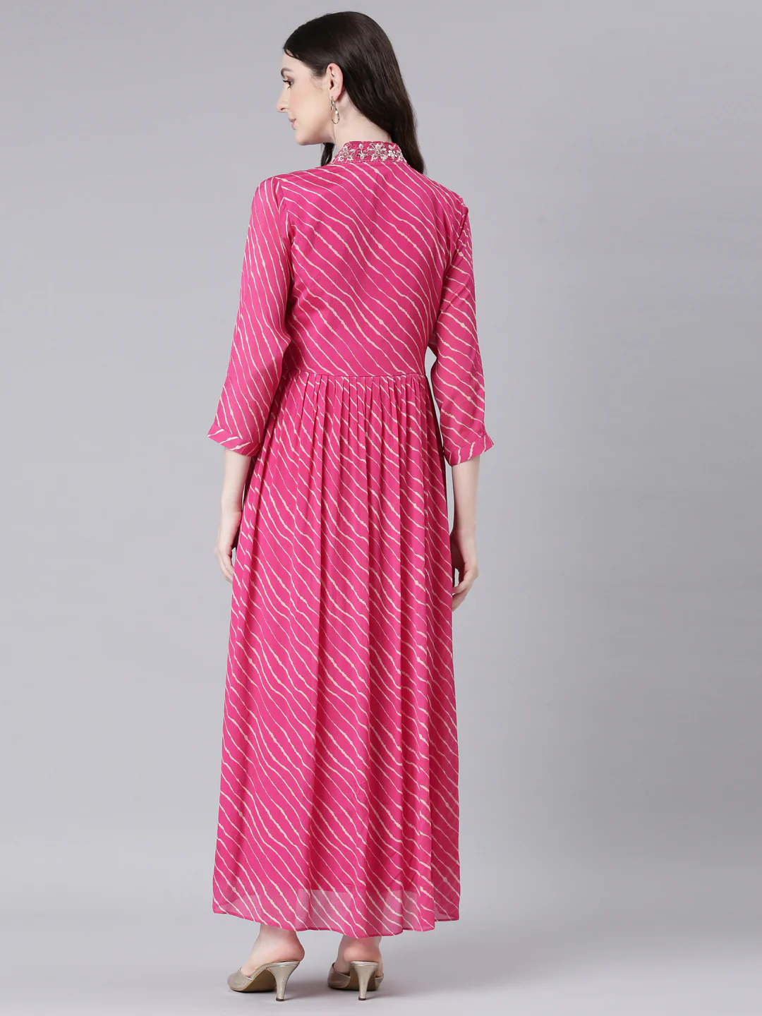 Neerus Magenta Straight Casual Striped Dresses - Image 3