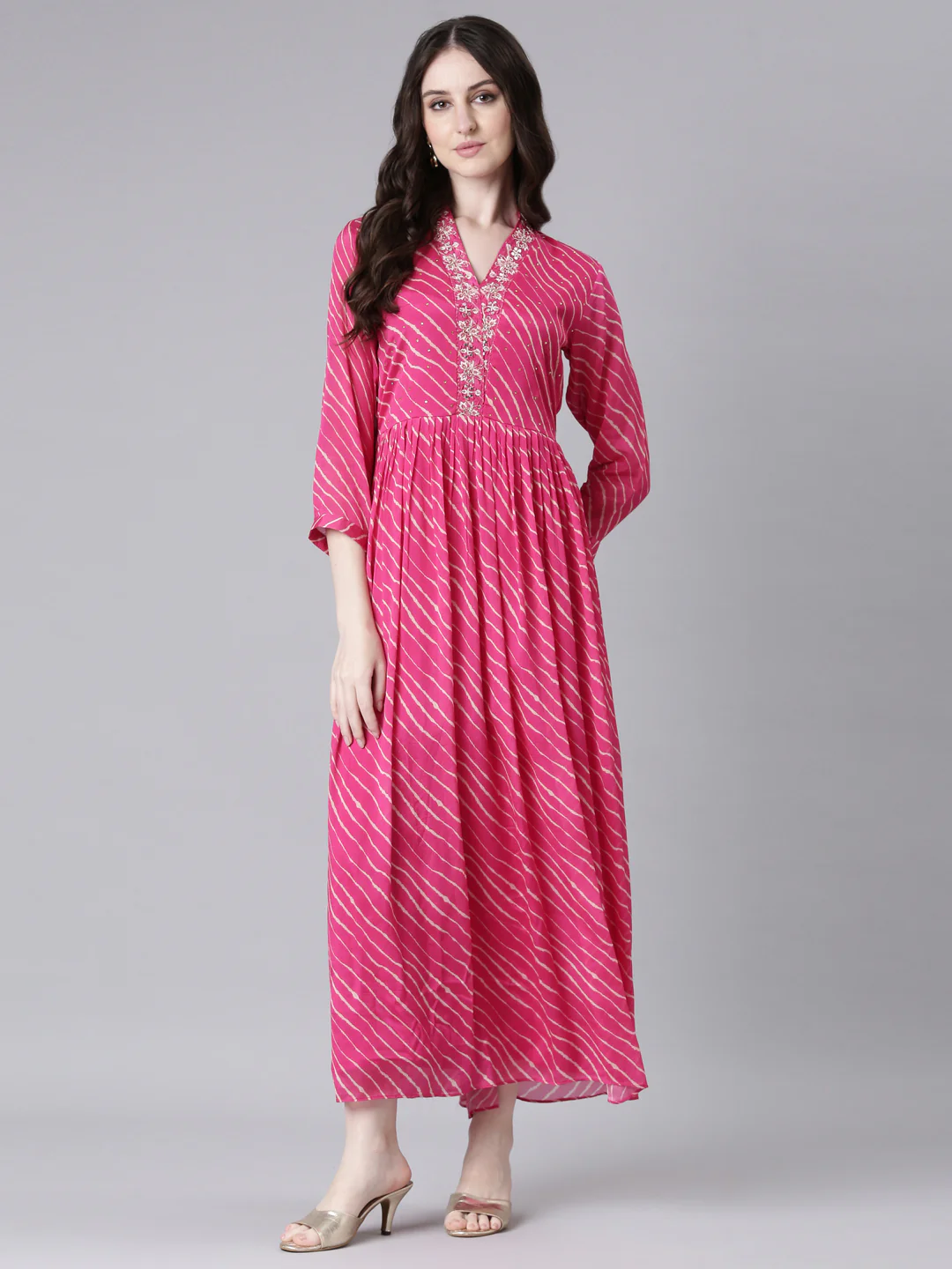 Neerus Magenta Straight Casual Striped Dresses - Image 5