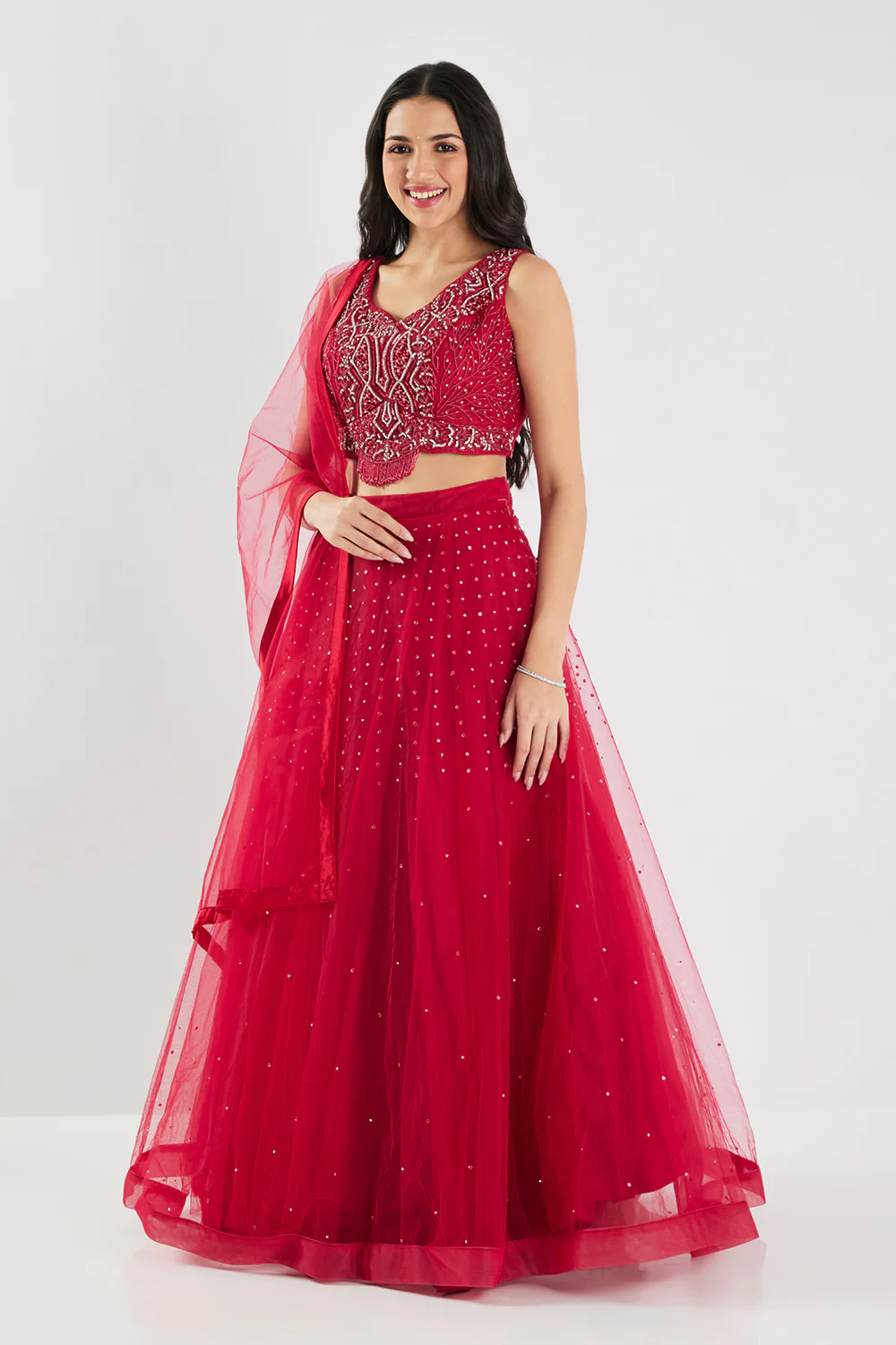 Neerus Maroon Beads and Stone Work Net Fabric Ghagra Set - Image 2