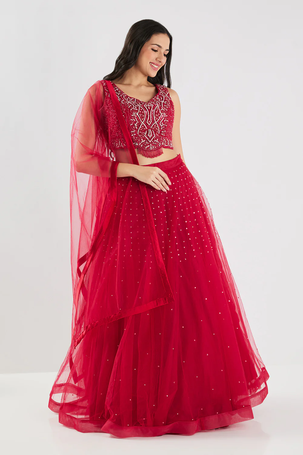Neerus Maroon Beads and Stone Work Net Fabric Ghagra Set - Image 3
