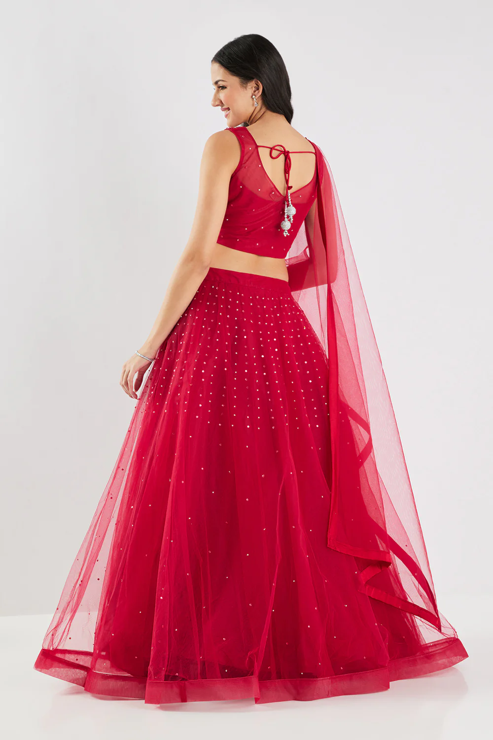Neerus Maroon Beads and Stone Work Net Fabric Ghagra Set - Image 4