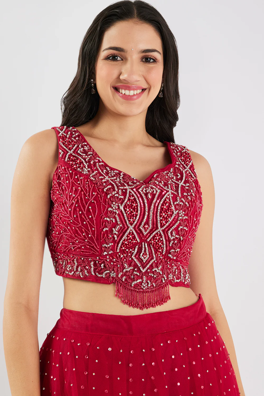 Neerus Maroon Beads and Stone Work Net Fabric Ghagra Set - Image 5