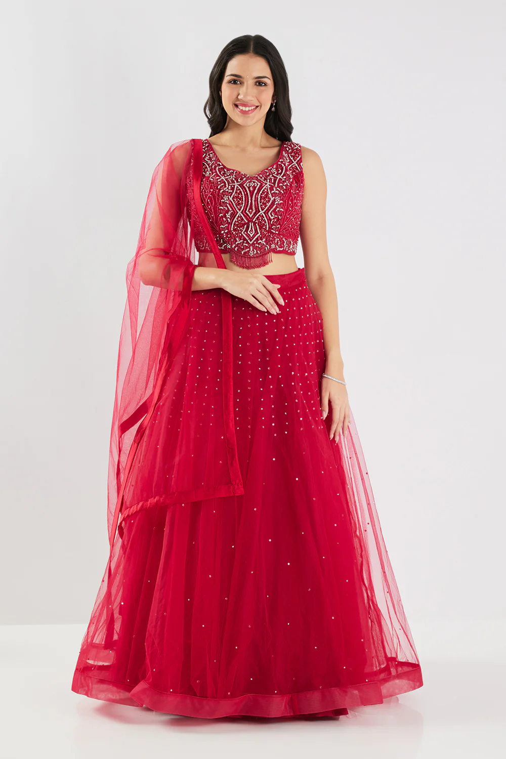 Neerus Maroon Beads and Stone Work Net Fabric Ghagra Set - Image 6