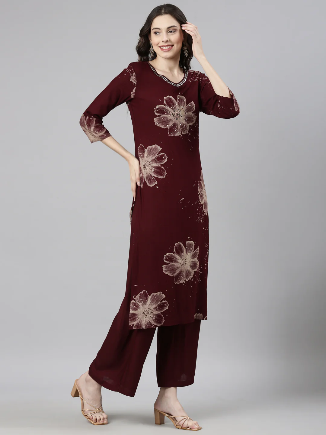 Neerus Maroon Casual Floral Straight Kurta and Palazzos - Image 3