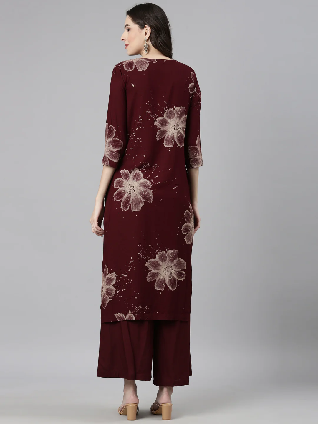Neerus Maroon Casual Floral Straight Kurta and Palazzos - Image 4