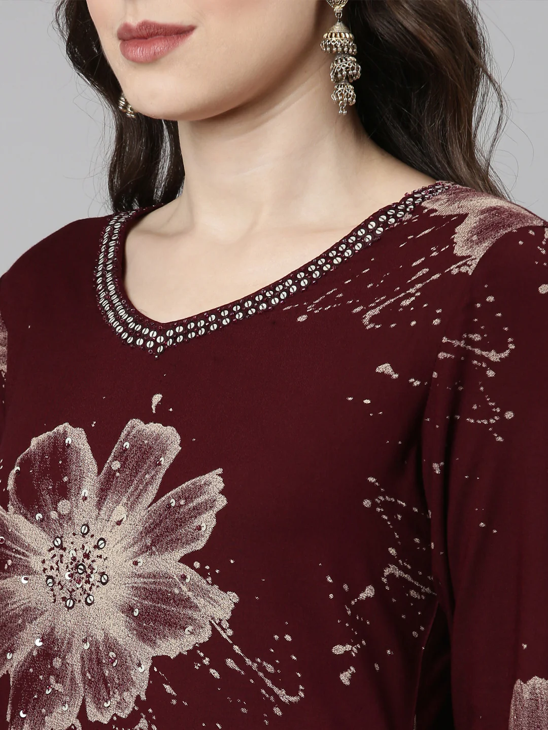 Neerus Maroon Casual Floral Straight Kurta and Palazzos - Image 5