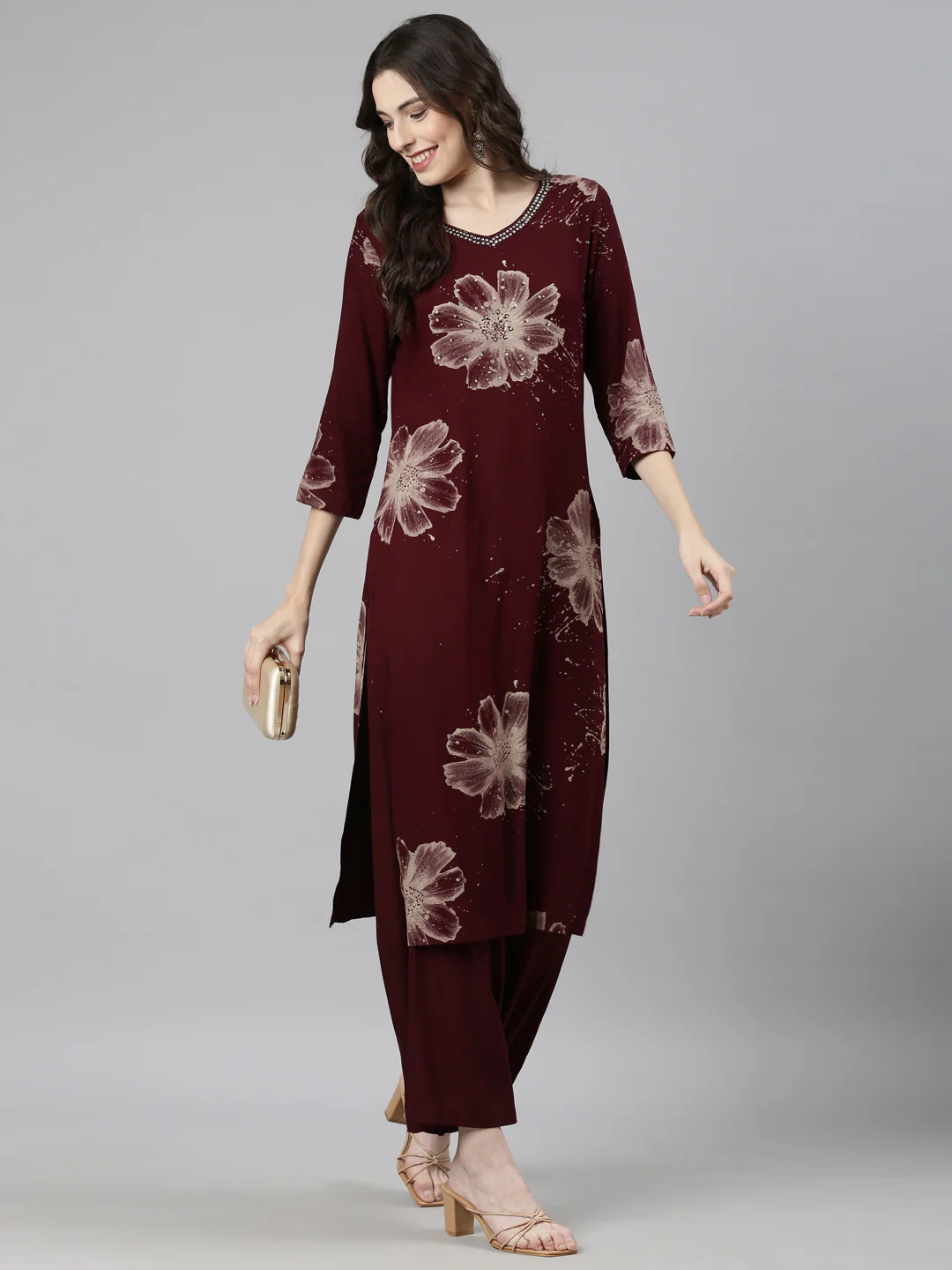 Neerus Maroon Casual Floral Straight Kurta and Palazzos - Image 6