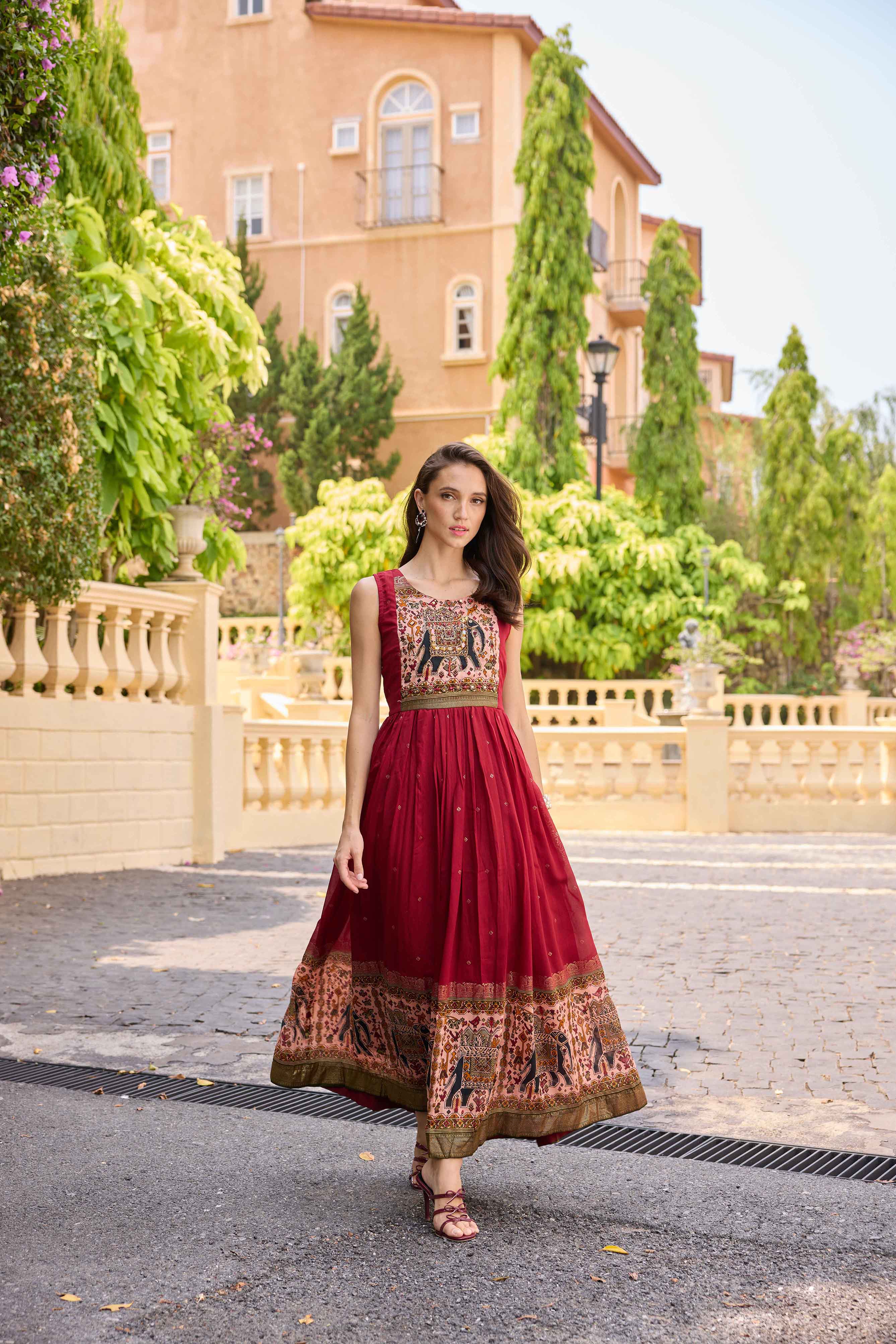 Neerus Maroon Casual Maxi Solid Dresses - Image 2