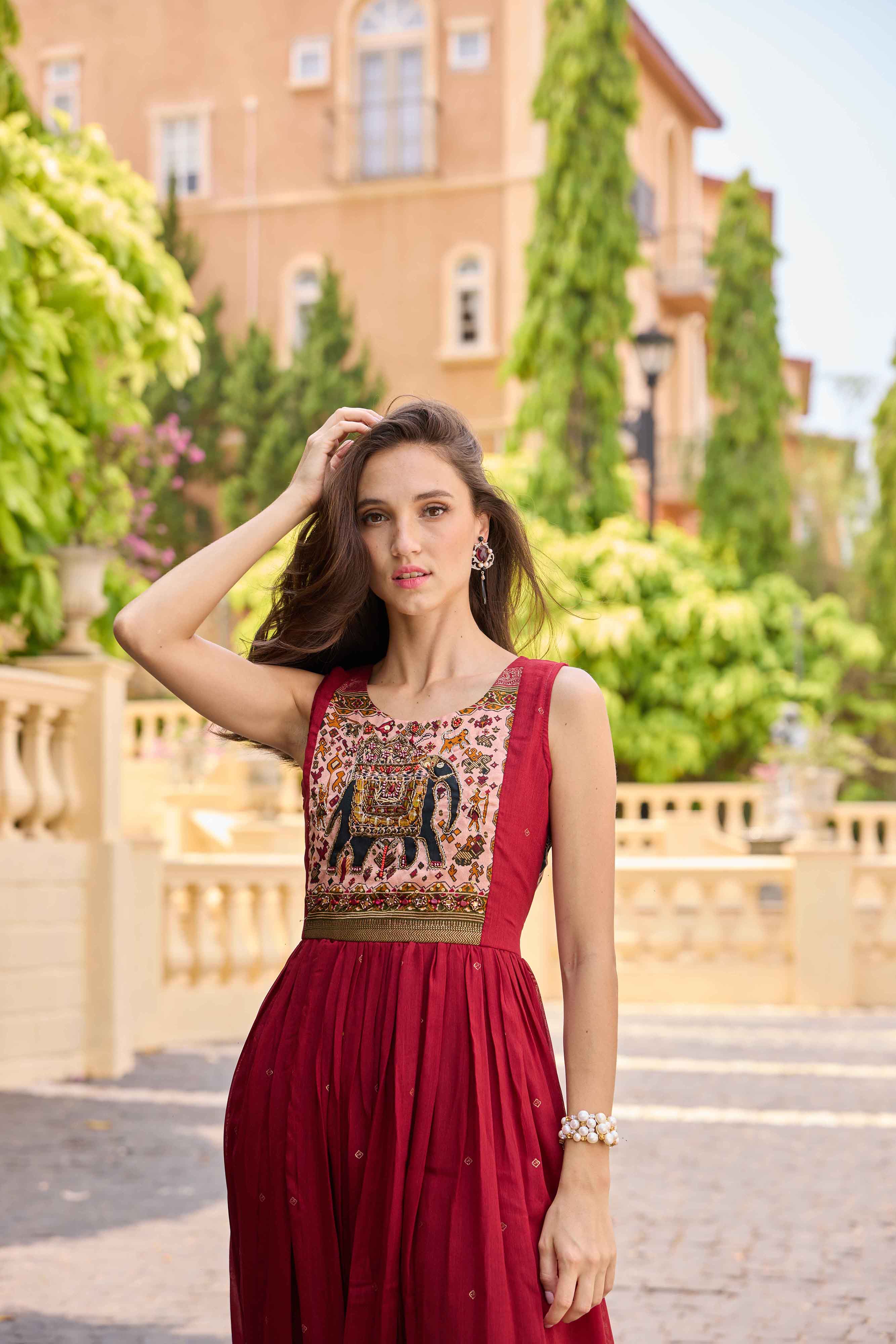 Neerus Maroon Casual Maxi Solid Dresses - Image 3