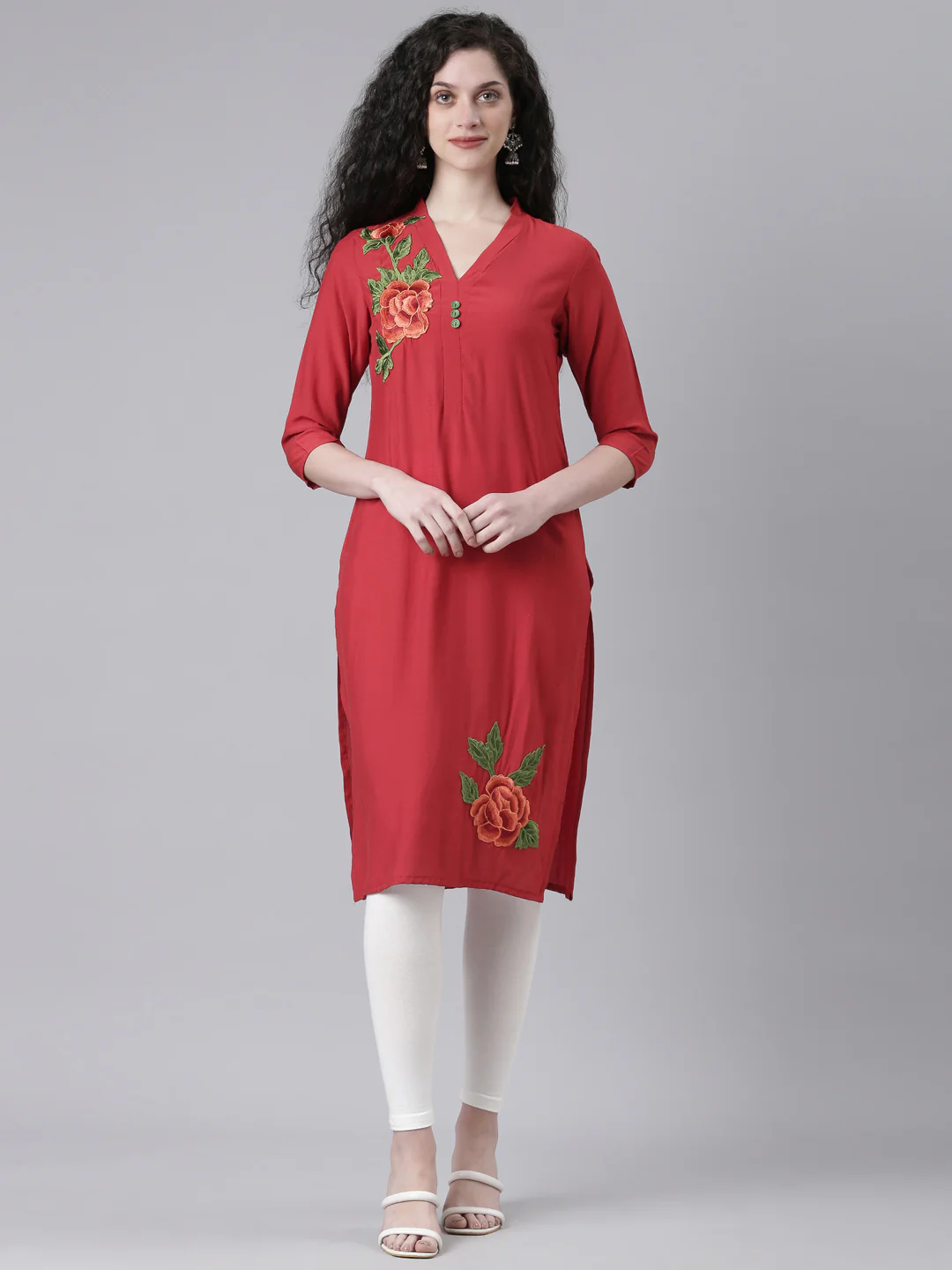 Neerus Maroon Casual Solid Straight Kurta