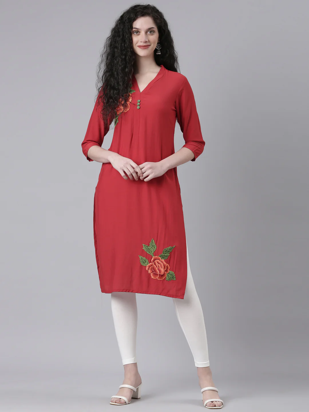 Neerus Maroon Casual Solid Straight Kurta - Image 5