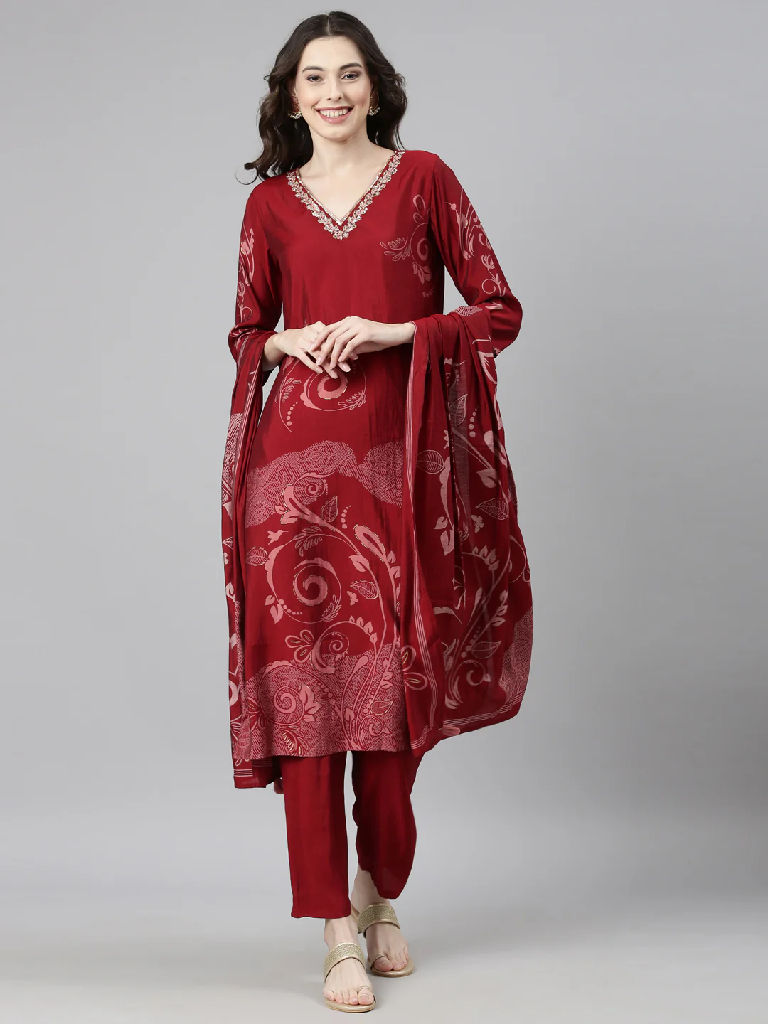 Neerus Maroon Casual Straight Kurta and Trousers With Dupatta