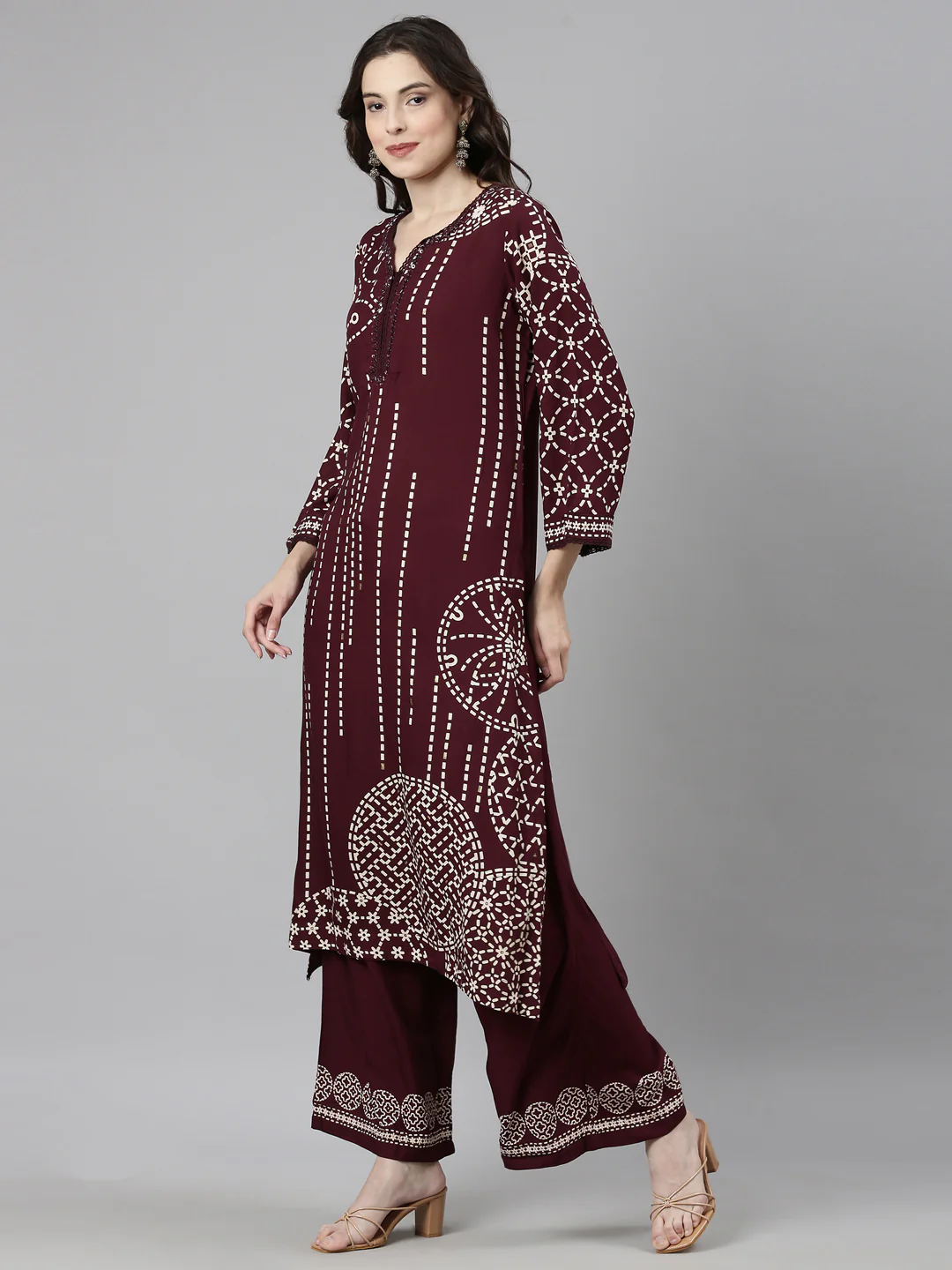 Neerus Maroon Casual Tribal Straight Kurta and Palazzos - Image 2