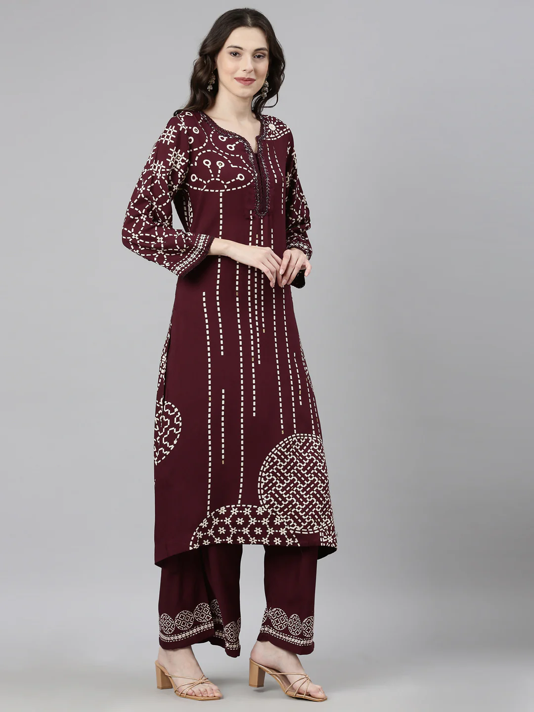 Neerus Maroon Casual Tribal Straight Kurta and Palazzos - Image 3