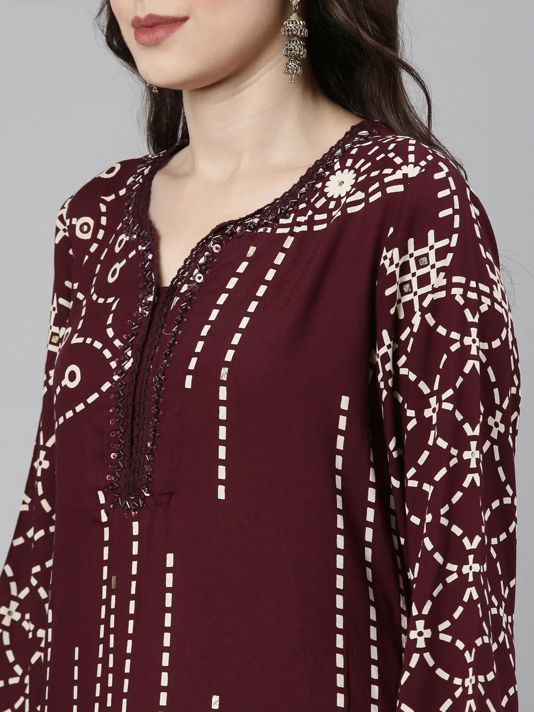 Neerus Maroon Casual Tribal Straight Kurta and Palazzos - Image 5