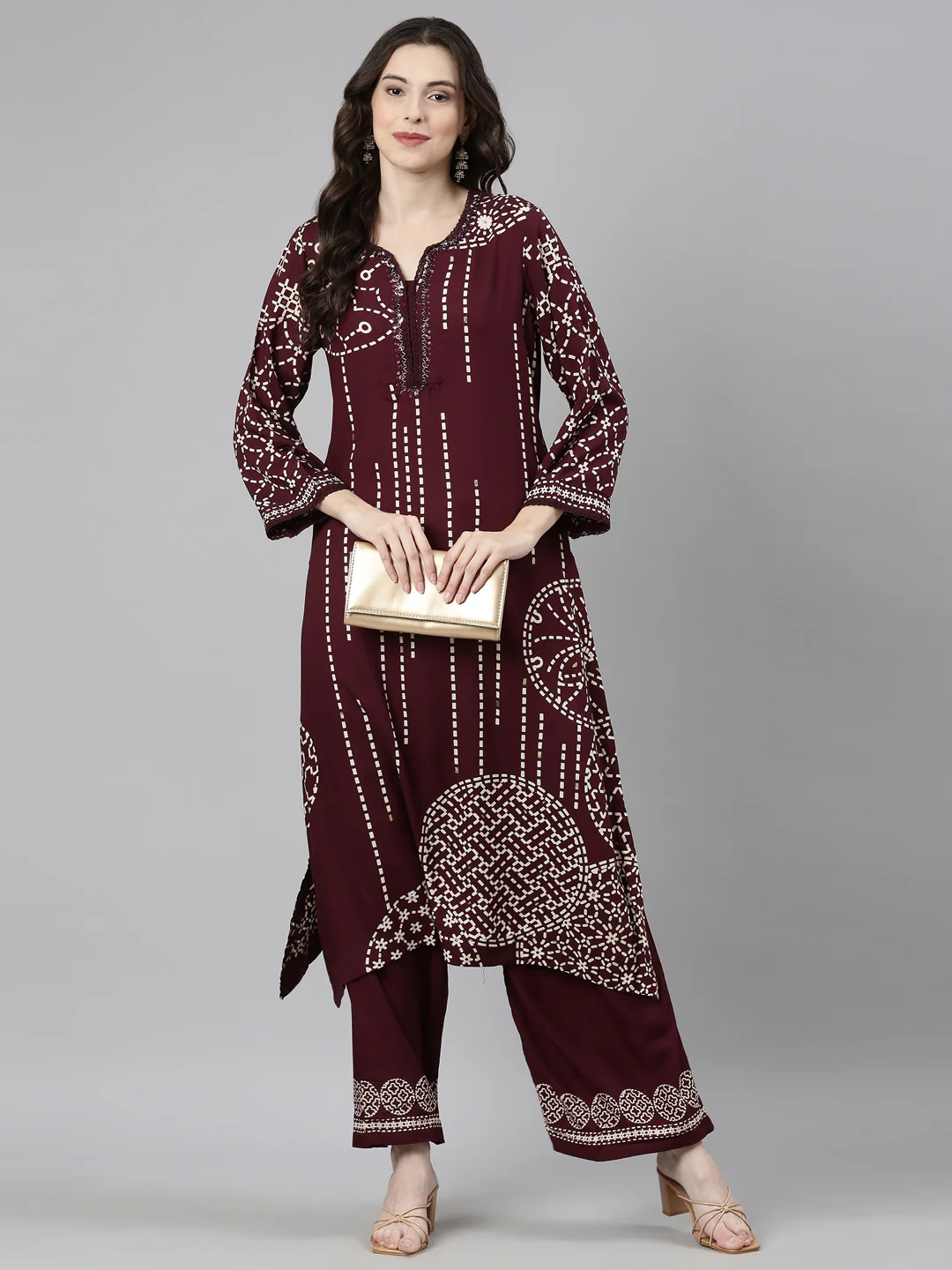Neerus Maroon Casual Tribal Straight Kurta and Palazzos - Image 6