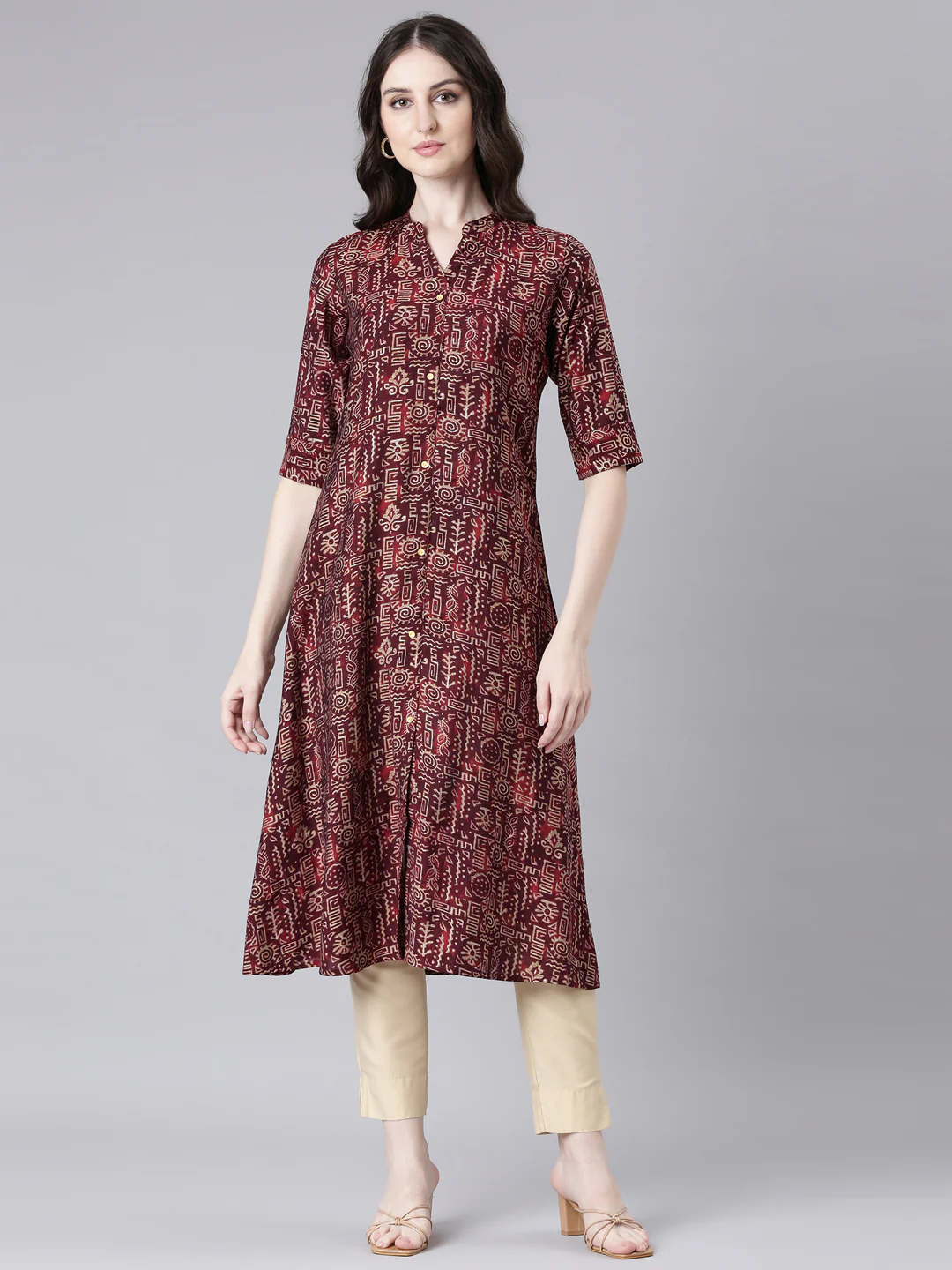 Neerus Maroon Casual Tribal Straight Kurta