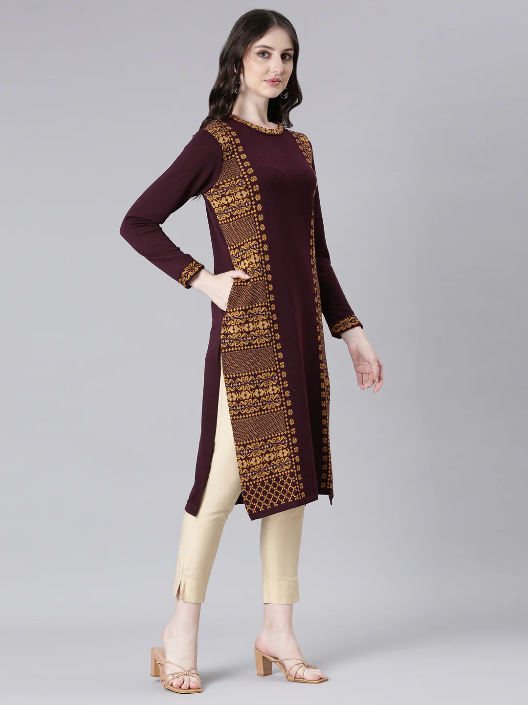 Neerus Maroon Casual Woven Design Straight Kurta - Image 2