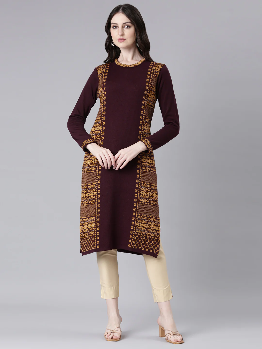 Neerus Maroon Casual Woven Design Straight Kurta - Image 5