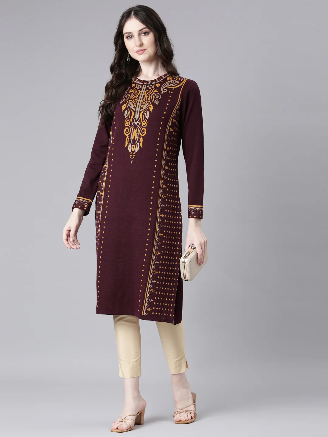 Neerus Maroon Casual Woven Design Straight Kurta - Image 3