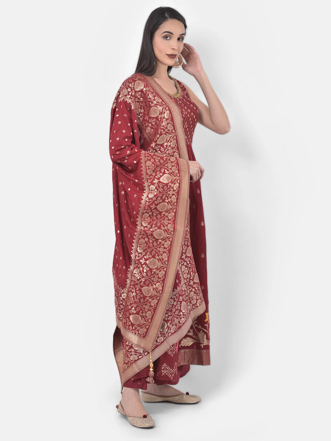 Neerus Maroon Color Banaras Fabric Suit-Plazzo - Image 2