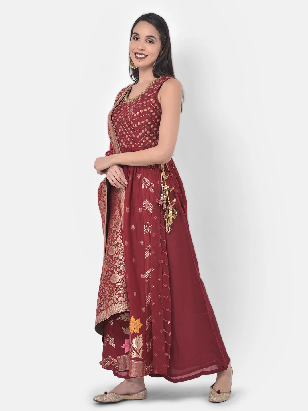 Neerus Maroon Color Banaras Fabric Suit-Plazzo - Image 3