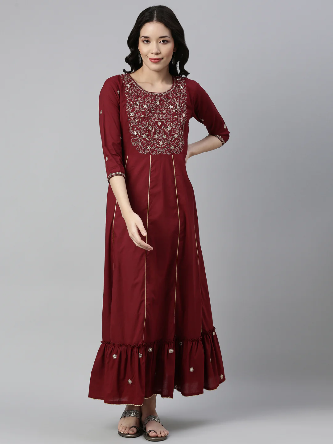 Neerus Maroon Color Cotton Fabric Kurta - Image 4