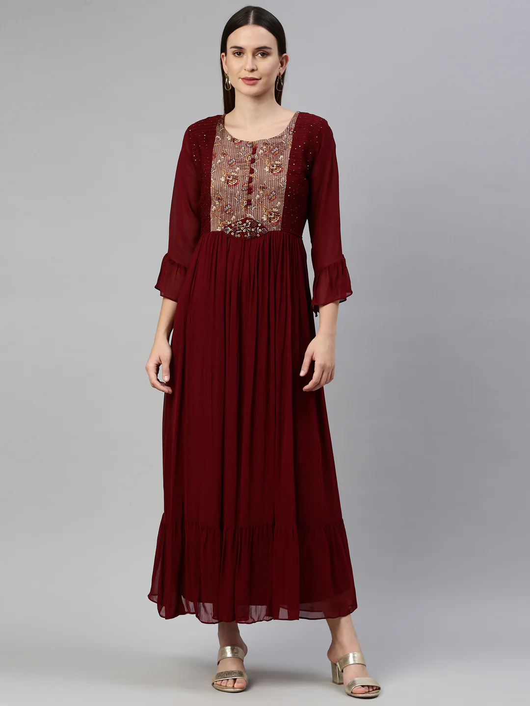 Neerus Maroon Color Georgette Fabric Dress