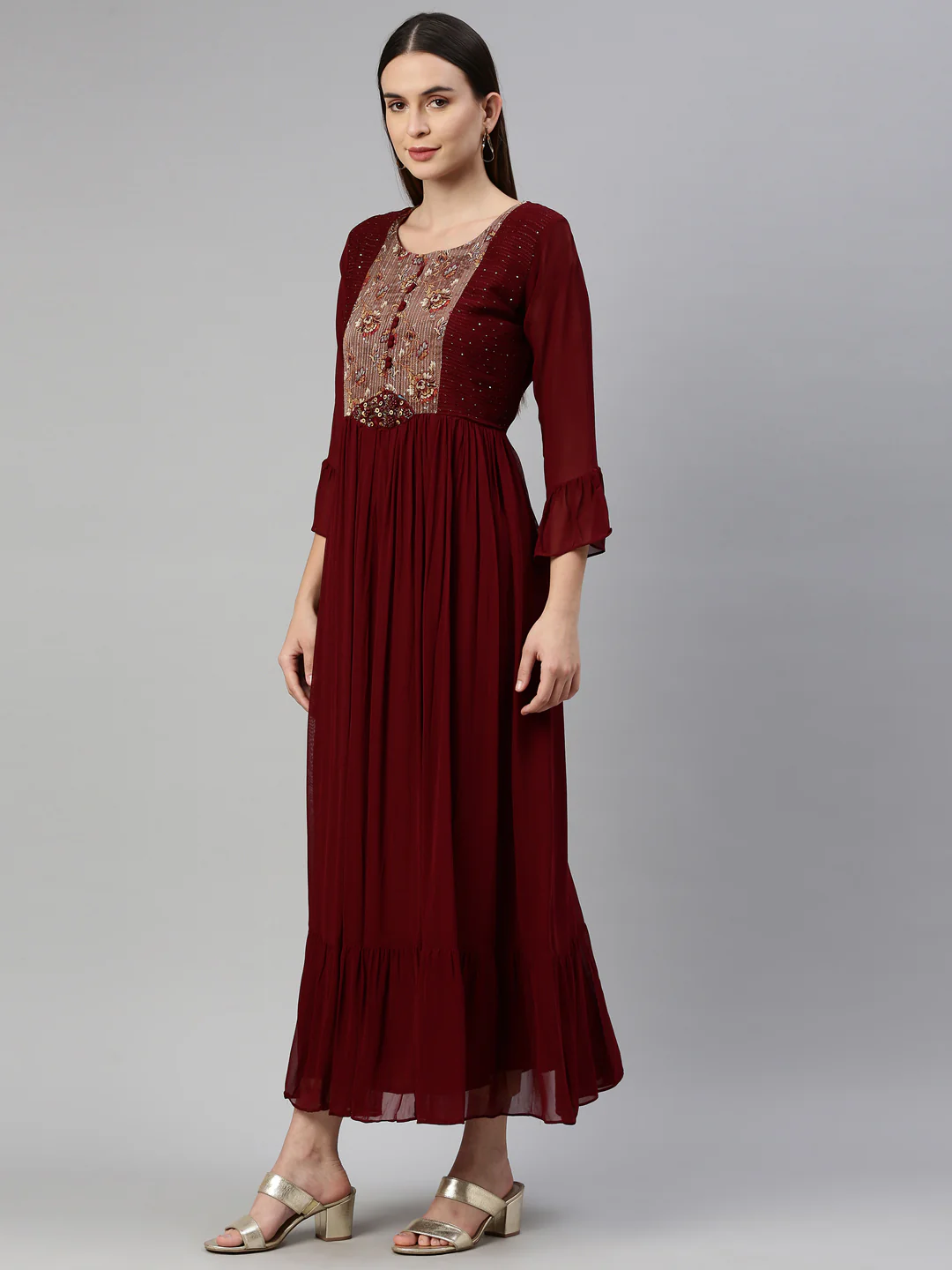 Neerus Maroon Color Georgette Fabric Dress - Image 3
