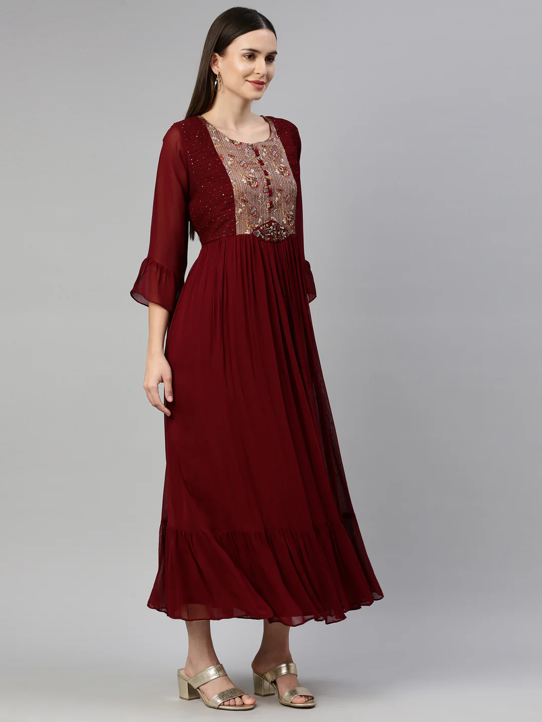 Neerus Maroon Color Georgette Fabric Dress - Image 4