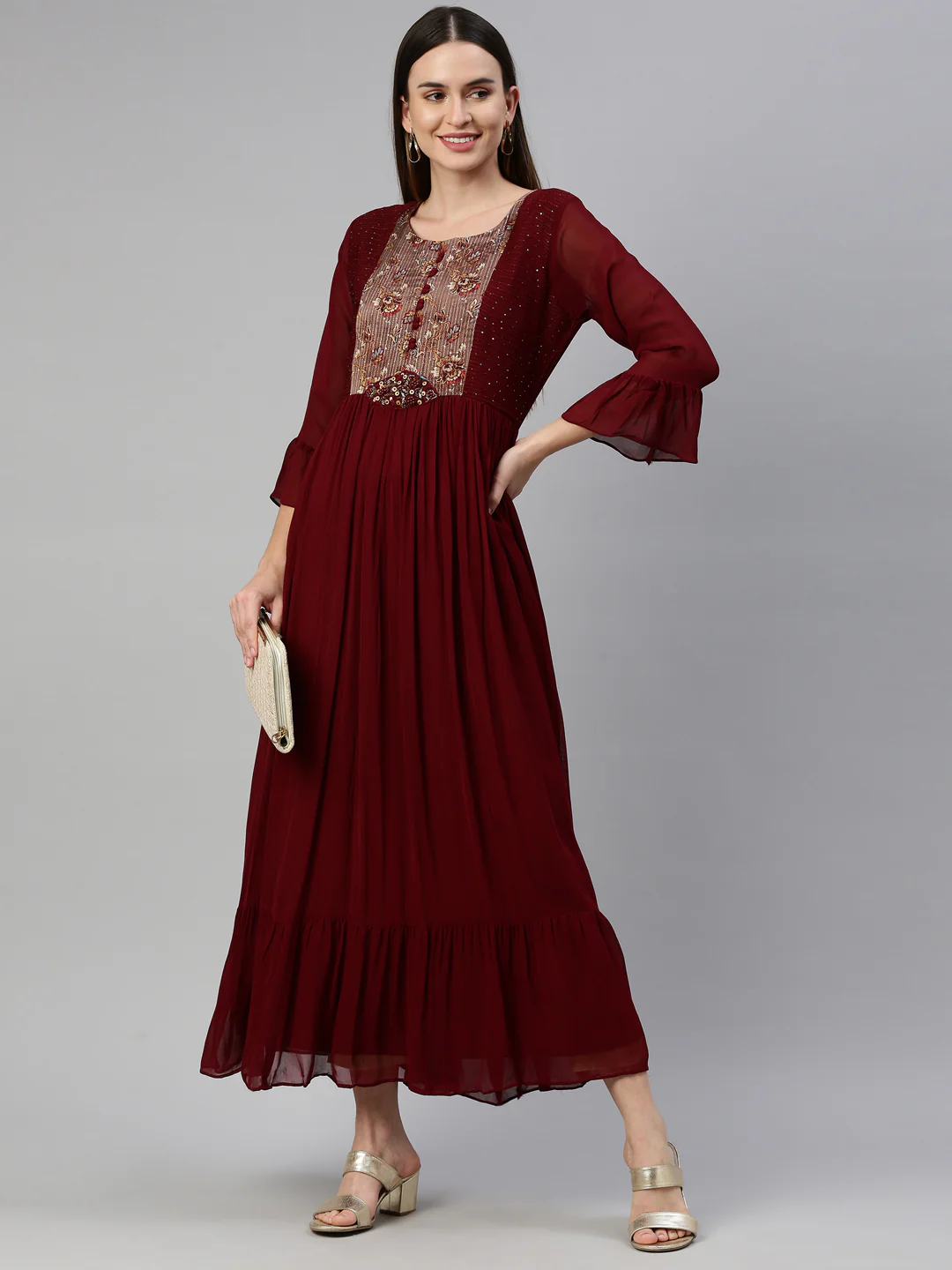 Neerus Maroon Color Georgette Fabric Dress - Image 6