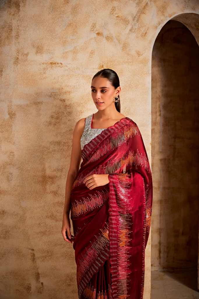 Neerus Maroon Color Jimmy Choo Fabric Saree - Image 2