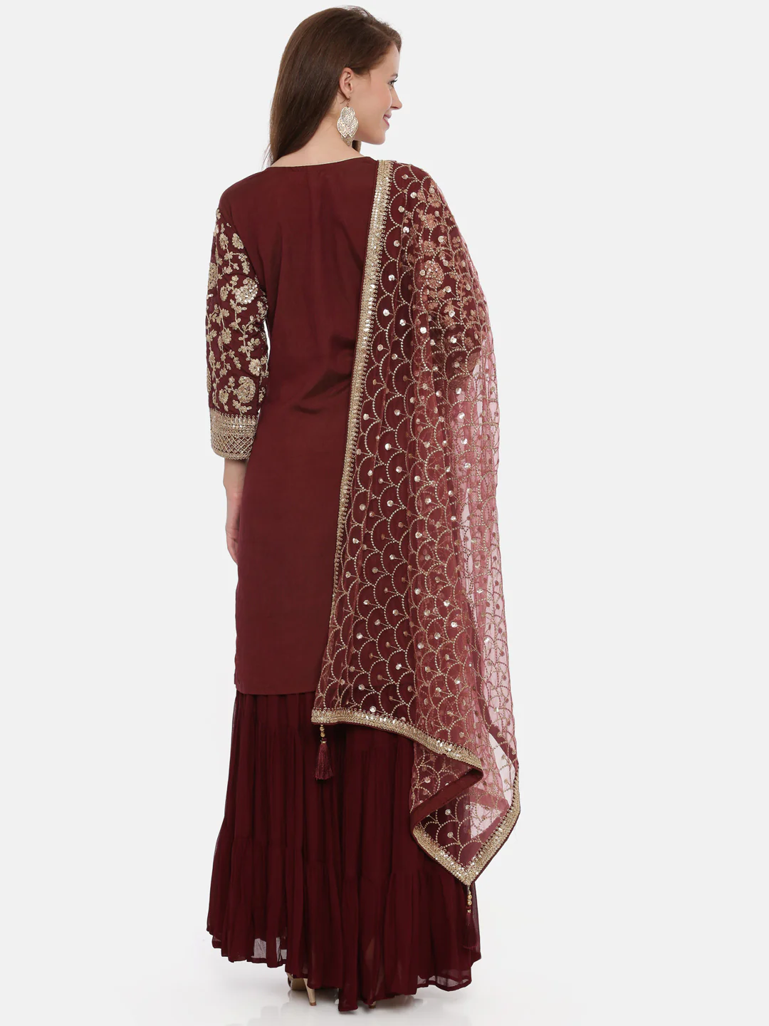 Neerus Maroon Color Muslin Fabric Full Sleeves Suit-Gharara - Image 3