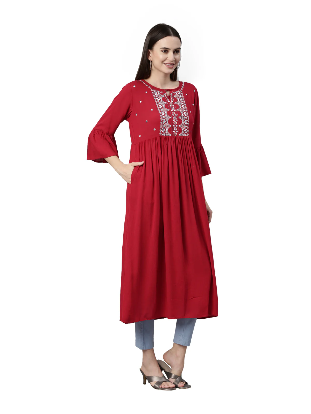 Neerus Maroon Color Rayon Fabric Kurta - Image 4