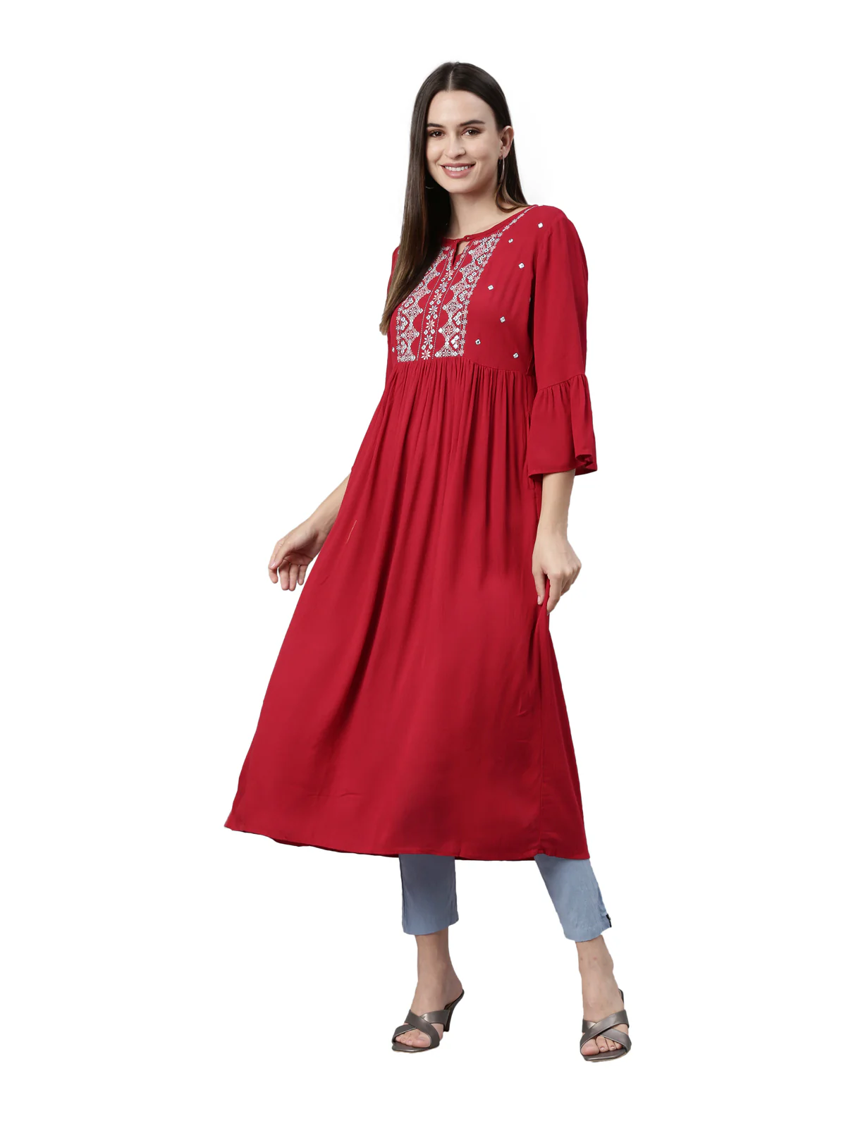Neerus Maroon Color Rayon Fabric Kurta - Image 6