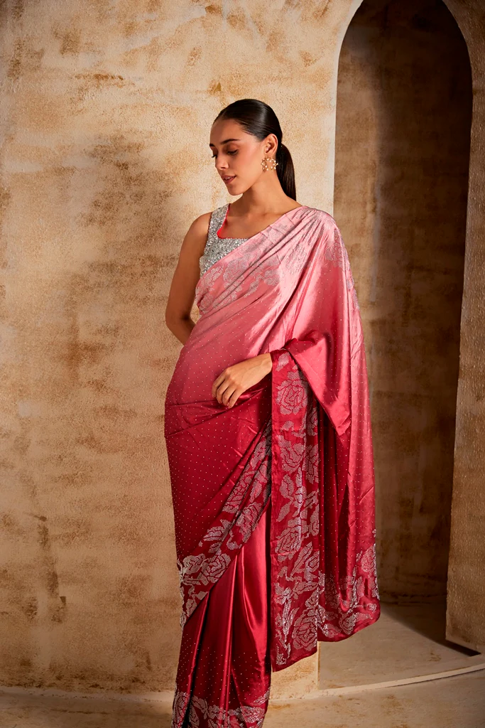 Neerus Maroon Color Satin Fabric Saree - Image 2