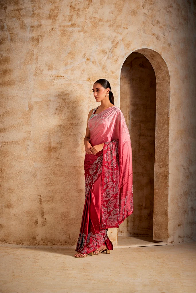 Neerus Maroon Color Satin Fabric Saree - Image 3