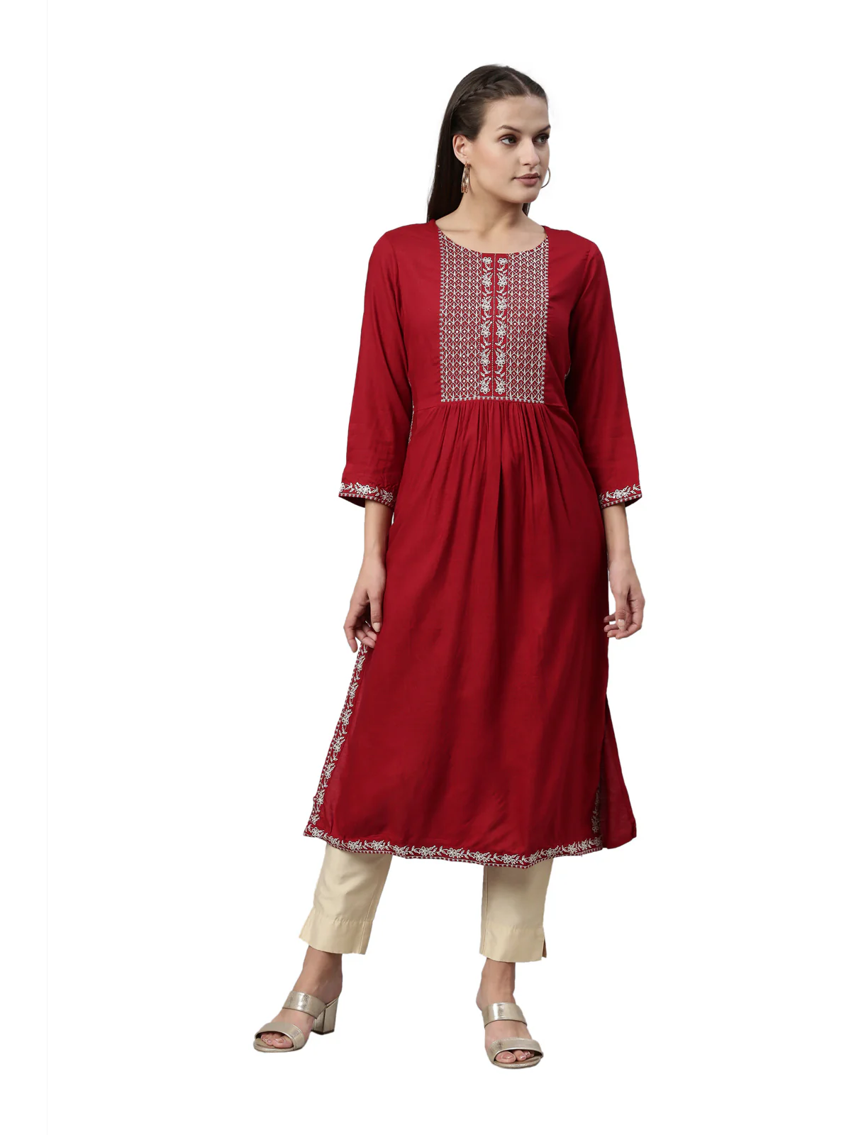 Neerus Maroon Color Slub Rayon Fabric Kurta