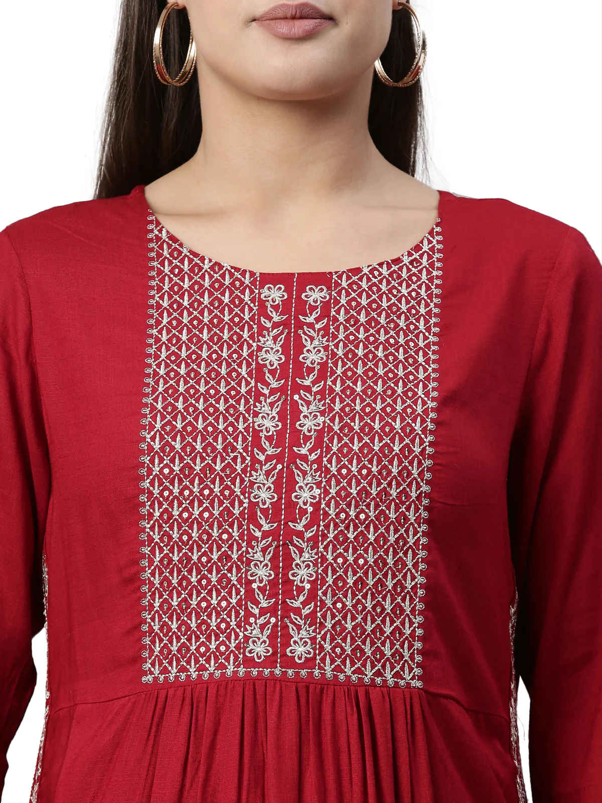 Neerus Maroon Color Slub Rayon Fabric Kurta - Image 2