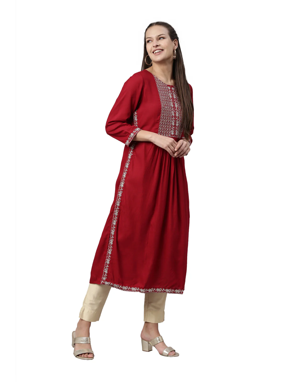 Neerus Maroon Color Slub Rayon Fabric Kurta - Image 6