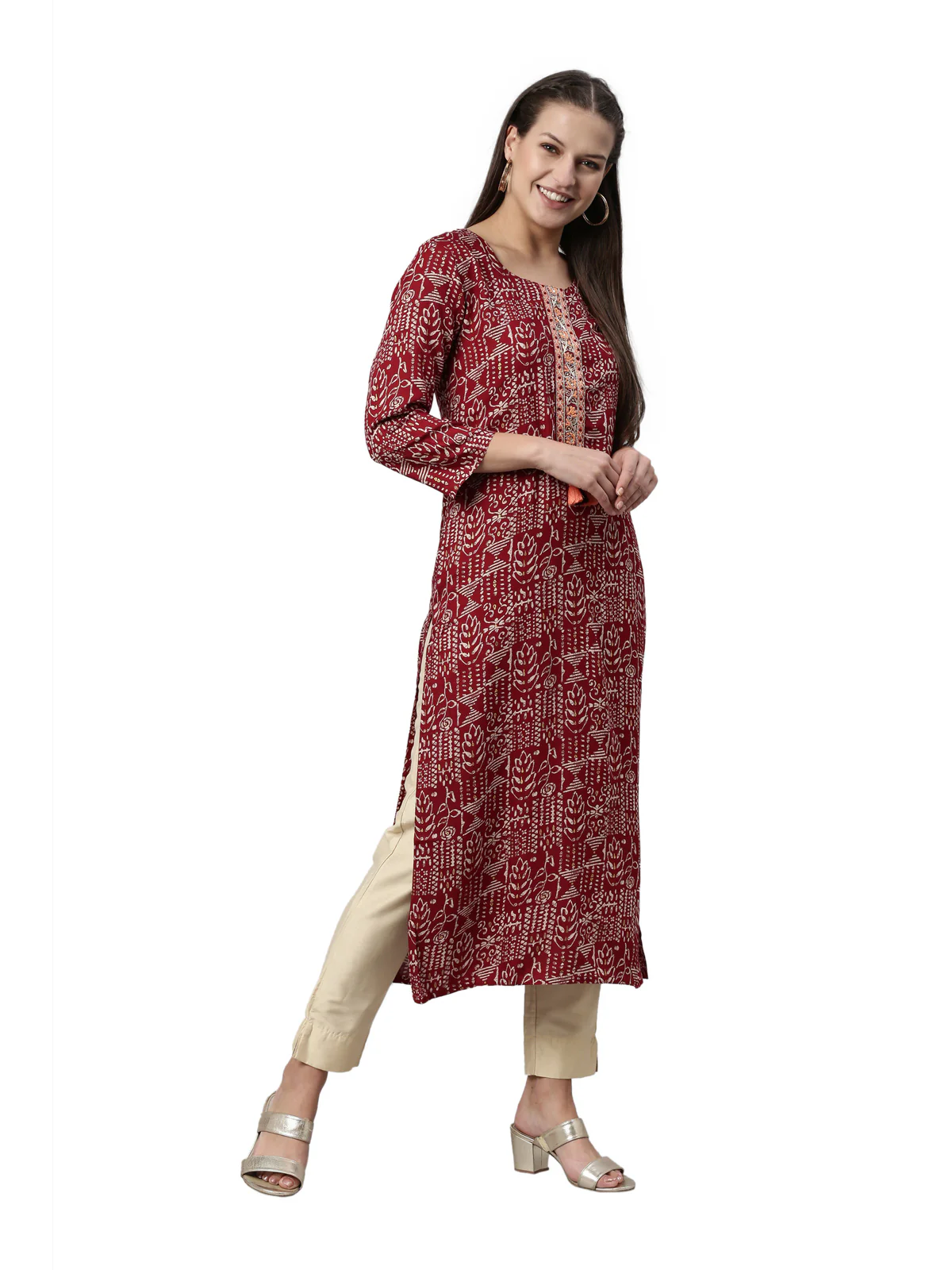 Neerus Maroon Color Slub Rayon Fabric Kurta - Image 6