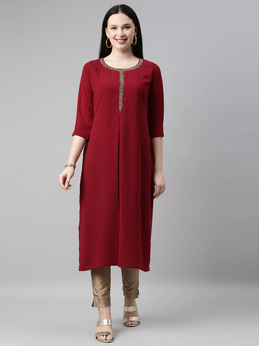 Neerus Maroon Color Slub Riyon Fabric Kurta