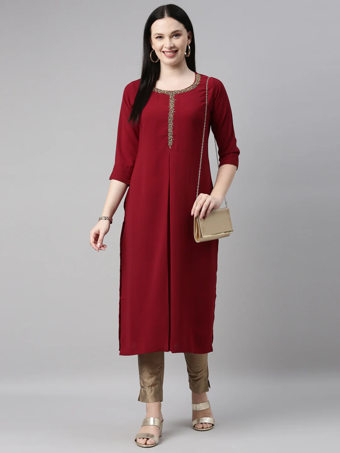 Neerus Maroon Color Slub Riyon Fabric Kurta - Image 6