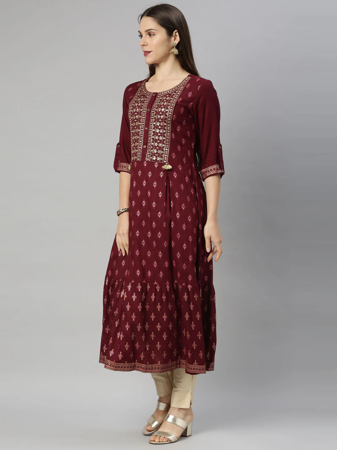 Neerus Maroon Color Slub Riyon Fabric Tunic - Image 4