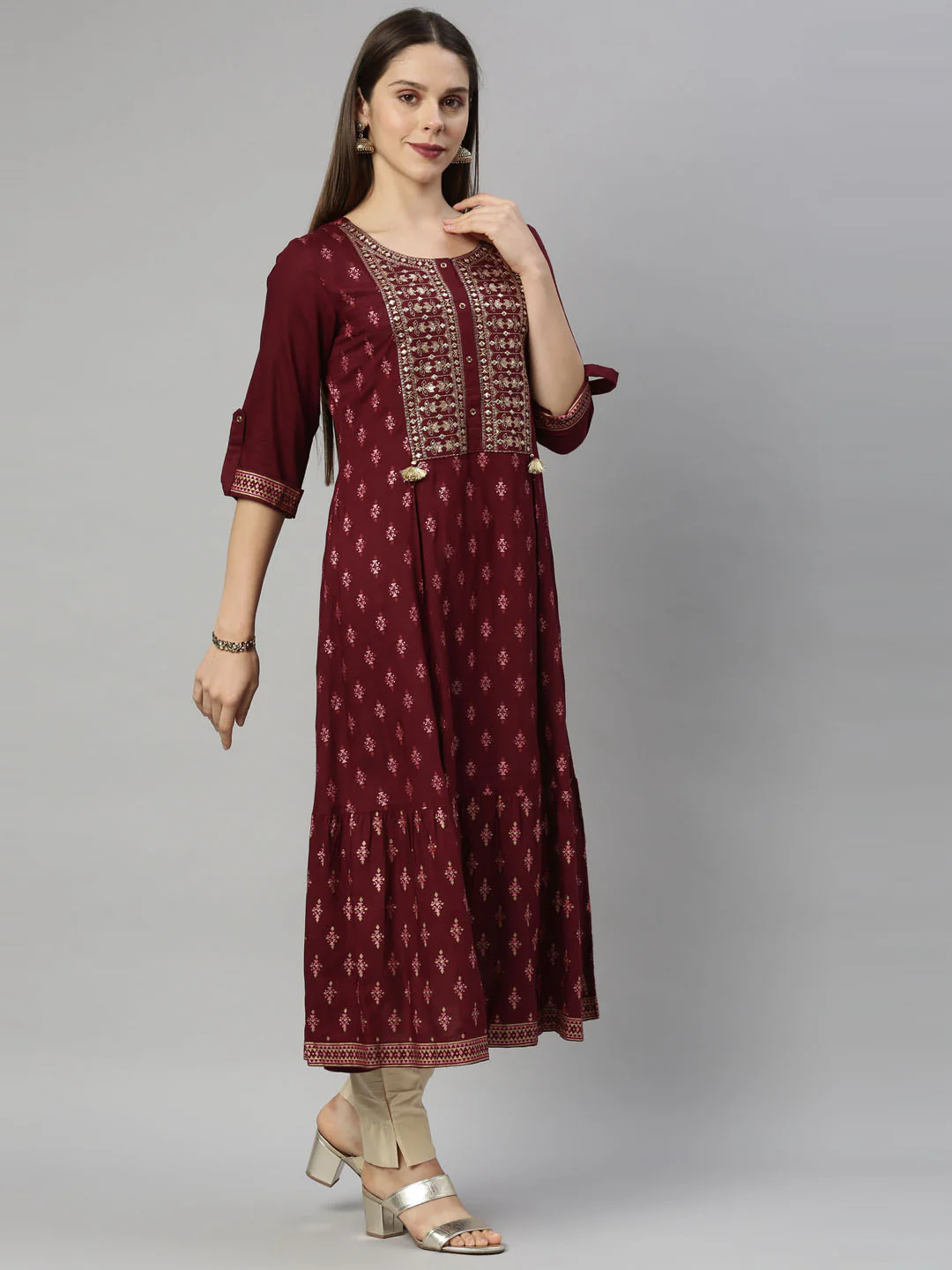 Neerus Maroon Color Slub Riyon Fabric Tunic - Image 5