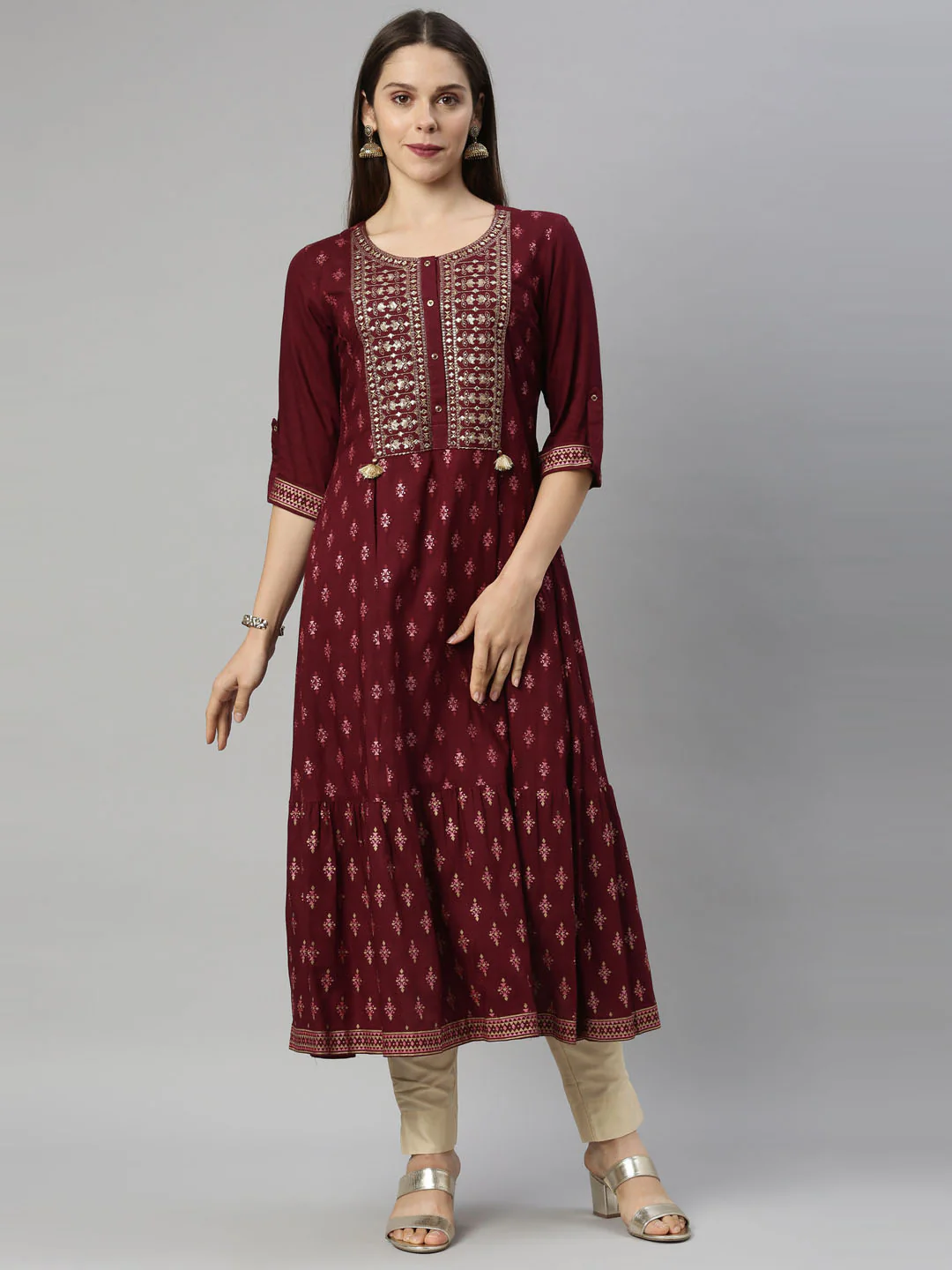 Neerus Maroon Color Slub Riyon Fabric Tunic - Image 7