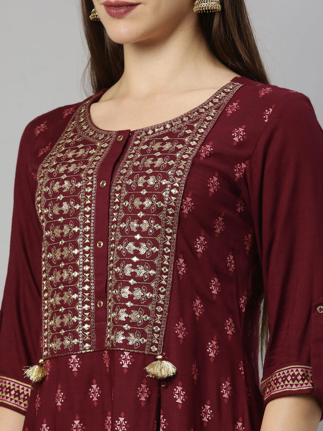 Neerus Maroon Color Slub Riyon Fabric Tunic - Image 8